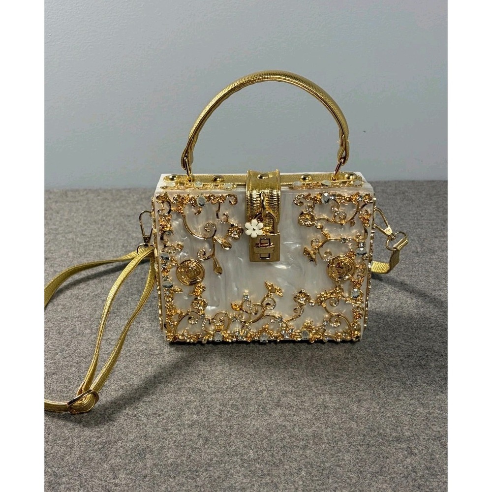Womens Acrylic Box Evening Handbag White Gold Floral Vine & Rhinestone Classic